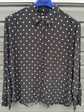 a new day Black and White Polka Dot Collared Button-Front Blouse